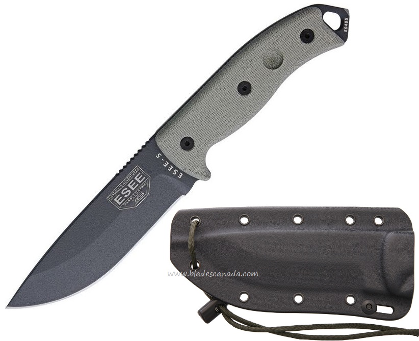 ESEE 5PTG Tactical Fixed Blade Knife, 1095 Carbon, Canvas Micarta, Kydex Sheath - Click Image to Close