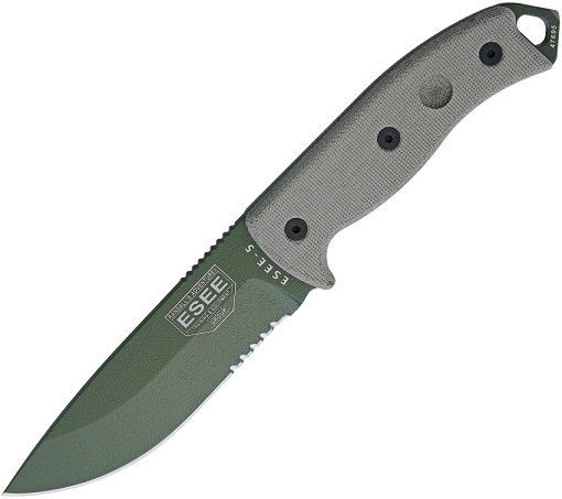 ESEE 5S-OD Fixed Blade Knife, 1095 Carbon OD Green, Canvas Micarta, Kydex Sheath, 5S-OD