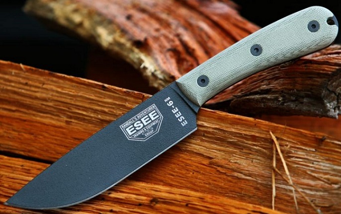 ESEE 6-HM Fixed Blade Knife, 1095 Carbon, Modified Micarta Handle, Brown Leather Sheath, 6-HM