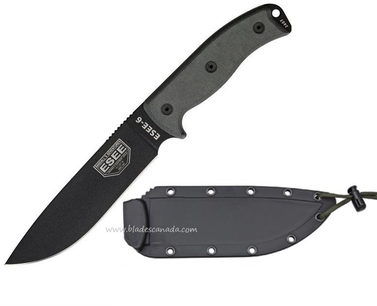 ESEE 6P-B Fixed Blade Knife, 1095 Carbon, Micarta Handle, Molded Sheath, 6P-B