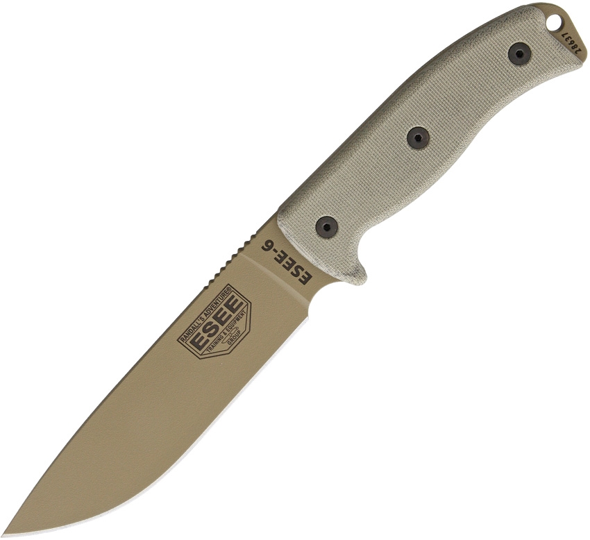 ESEE 6P-DE Fixed Blade Knife, 1095 Carbon Dark Earth, Micarta Handle, Molded Sheath, 6P-DE