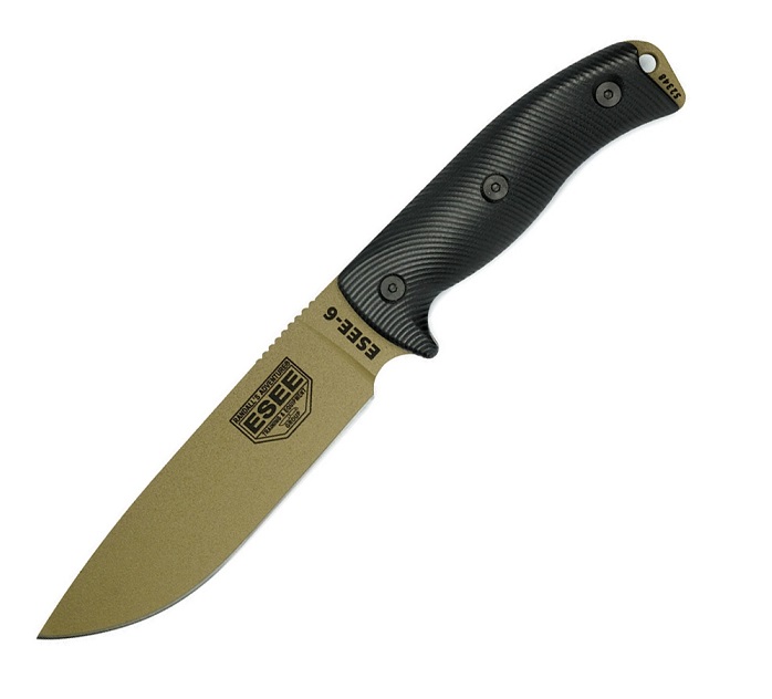 ESEE 6PDE-001 Fixed Blade Knife, 1095 Carbon Dark Earth, G10 3D Black, 6PDE-001