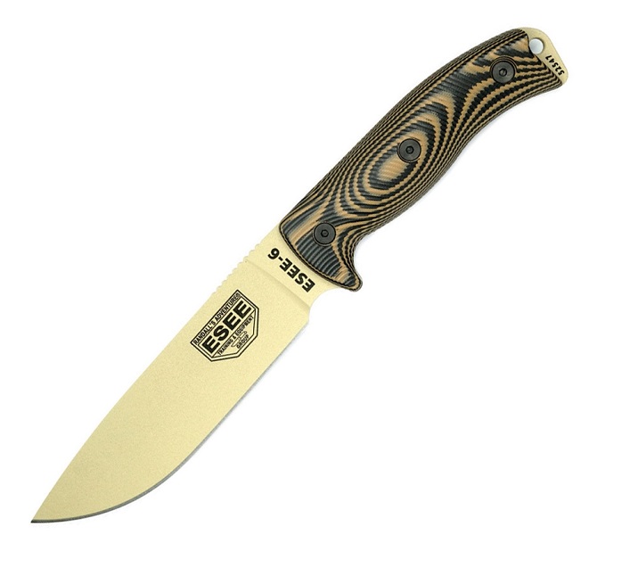 ESEE 6PDT-005 Fixed Blade Knife, 1095 Carbon Desert Tan, G10 3D Black/Coyote, 6PDT-005