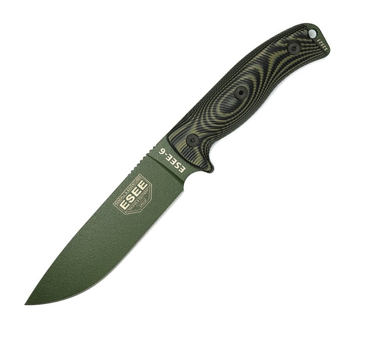 ESEE 6POD-003 Fixed Blade Knife, 1095 Carbon OD Green, G10 3D Black/OD, 6POD-003