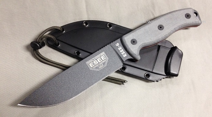 ESEE 6P-TG Tactical Fixed Blade Knife, 1095 Carbon, Micarta Handle, Molded Sheath, 6P-TG