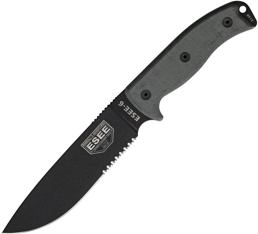 ESEE 6S-B Fixed Blade Knife, 1095 Carbon, Micarta Handle, Black Molded Sheath