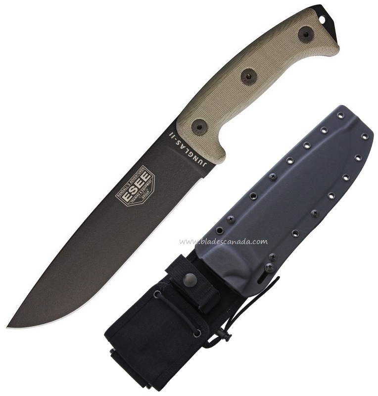ESEE Junglas II-E Fixed Blade Knife, 1095 Carbon, Micarta, Kydex Sheath w/ MOLLE Back, JUNGLAS-II-E