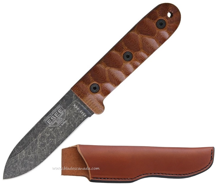 ESEE PR4-BO Camp Lore Fixed Blade Knife, 1095 Carbon, Sculptured Micarta, Leather Sheath