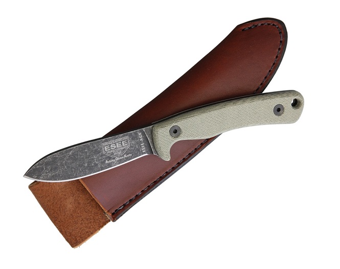 ESEE AGK Ashley Emerson Game Fixed Blade Knife, 1095 Carbon, Canvas Micarta, Leather Sheath, AGK
