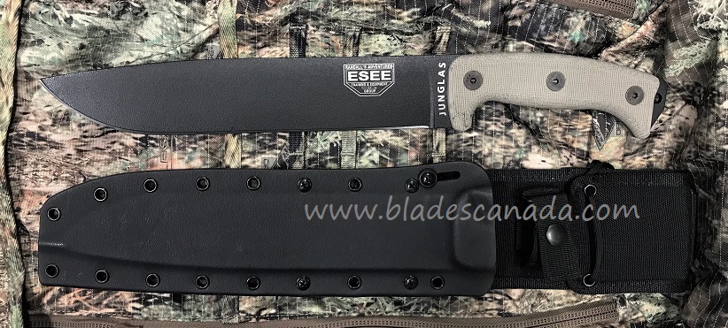 ESEE Junglas Fixed Blade Knife, 1095 Carbon, Canvas Micarta, Kydex Sheath