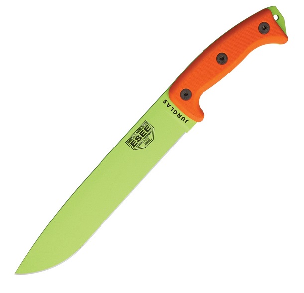 ESEE Junglas Fixed Blade Knife, 1095 Carbon Venom Green, Canvas Micarta, Kydex Sheath, JUNGLAS-VG-E