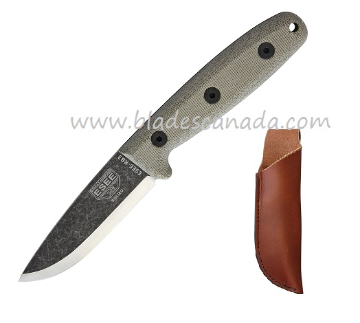 ESEE RB3-BO Camp-Lore Scandi Fixed Blade Knife, 1095 Carbon, Micarta, Leather Sheath, RB3-BO