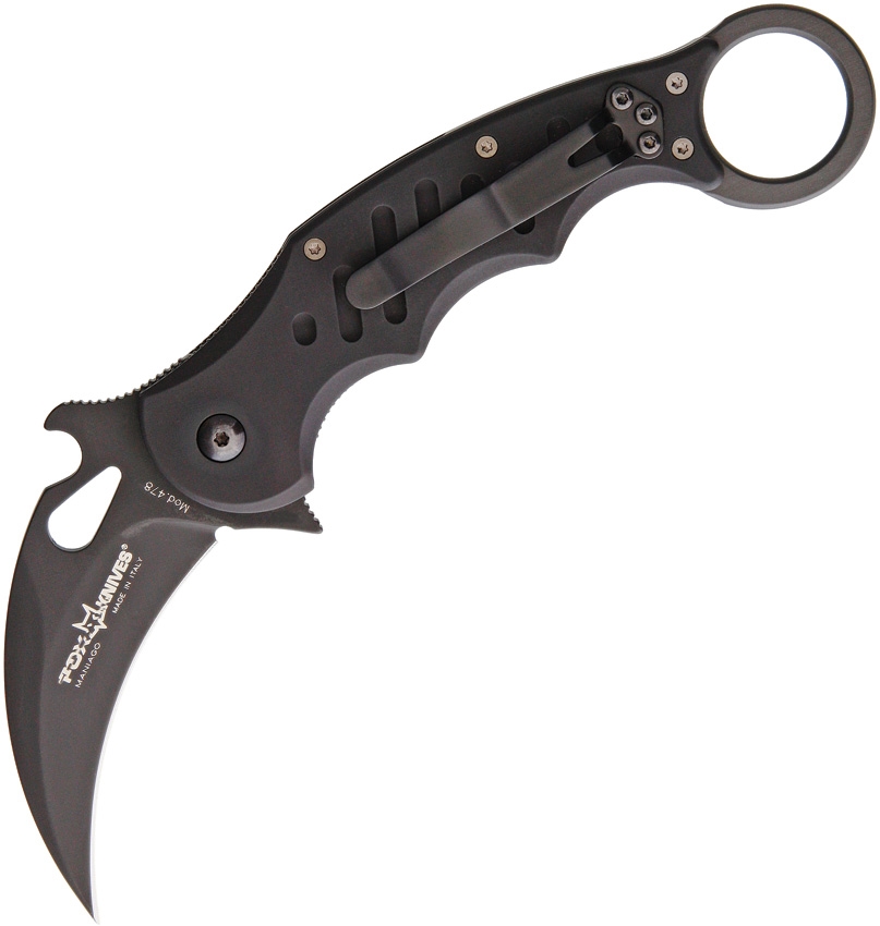 Fox Italy Karambit Flipper Folding Knife, Wave Opening, N690Co, Aluminum Black, 478B