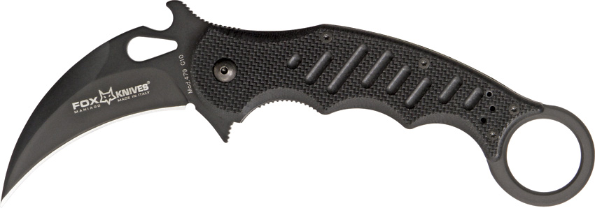 Fox Italy Karambit Flipper Folding Knife, Wave Opening, N690Co, G10 Black, 479