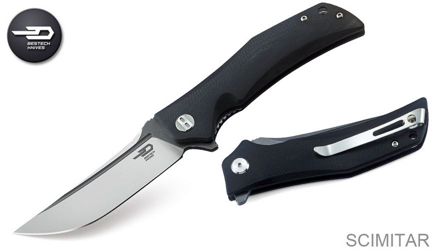 Bestech Scimitar Flipper Folding Knife, D2 Two-Tone, G10 Black, BG05A-2 - Click Image to Close