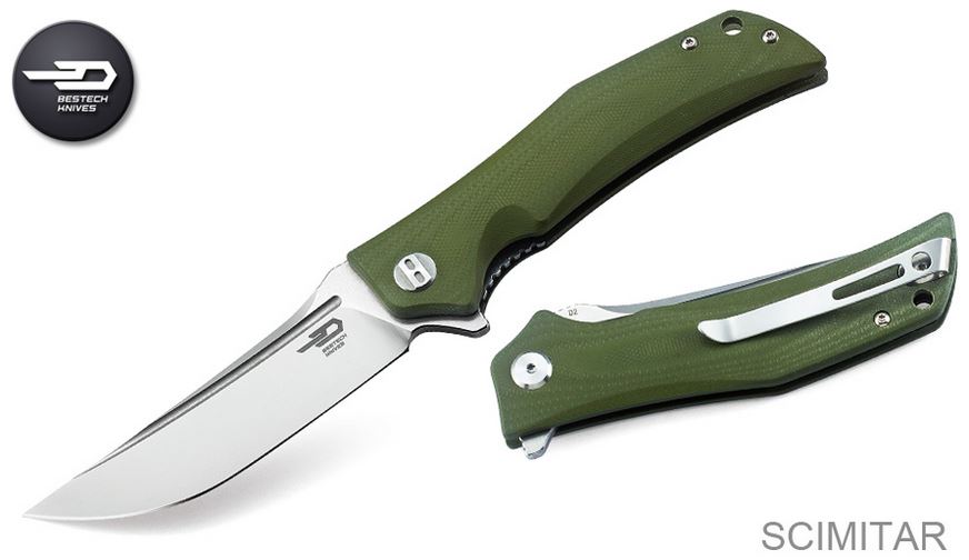 Bestech Scimitar Flipper Folding Knife, D2 Two-Tone, G10 Green, BG05B-1