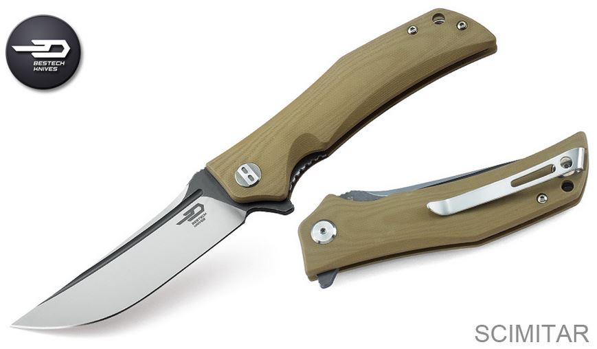 Bestech Scimitar Flipper Folding Knife, D2 Two-Tone, G10 Tan, BG05C-2 - Click Image to Close