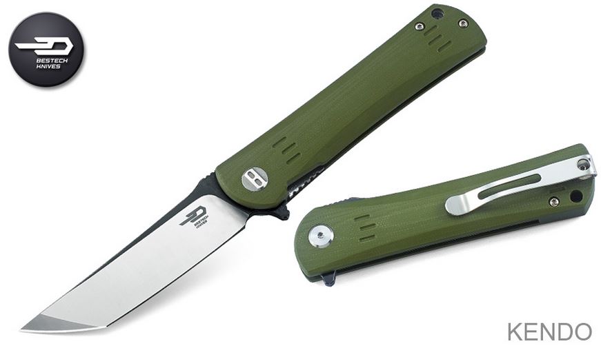 Bestech Kendo Flipper Folding Knife, D2 Tanto Two-Tone, G10 Green, BG06B-2