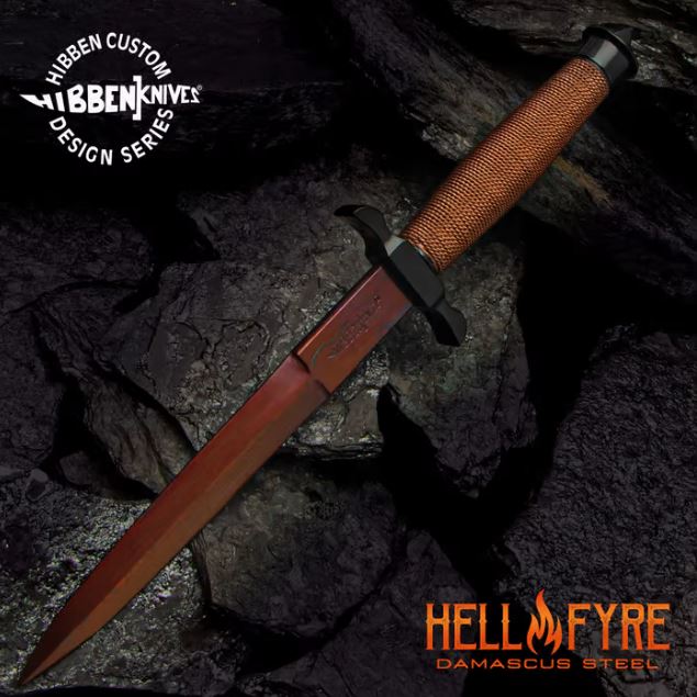 Gil Hibben HellFyre Shadow Knife, Damascus Steel, Leather Sheath, GH0441RD - Click Image to Close