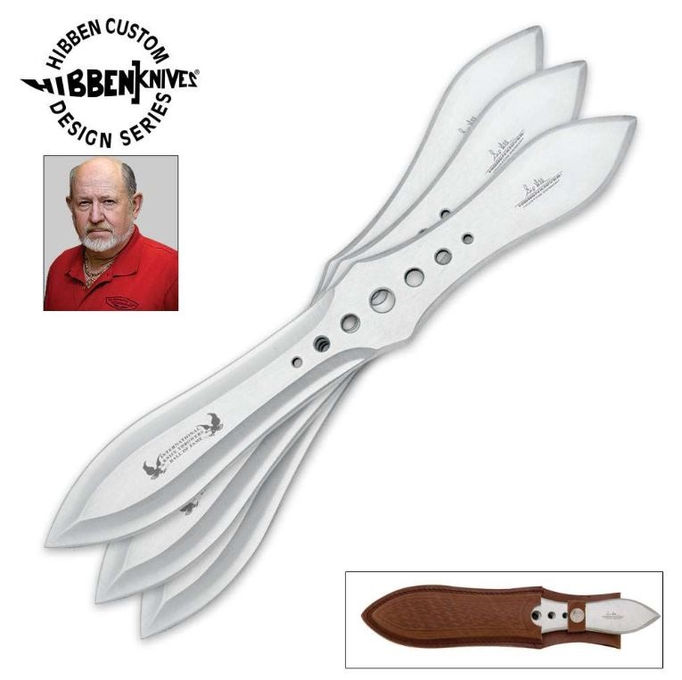 Gil Hibben Competition Large Triple Throwing Knife Set, Leather Sheath, GH2033 - Click Image to Close