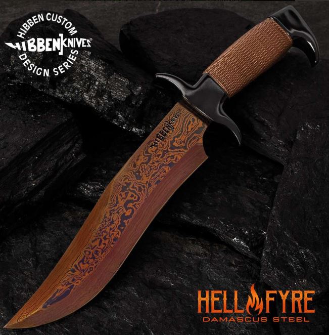 Gil Hibben Hellfyre Highlander Bowie Fixed Blade Knife, Damascus, Leather Sheath, GH5089