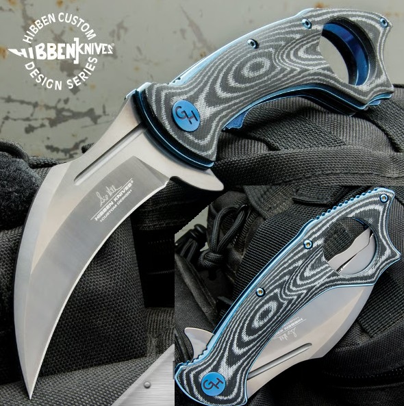 Gil Hibben Warbird Karambit Flipper Folding Knife, Micarta Grey/Blue Liners, GH5103