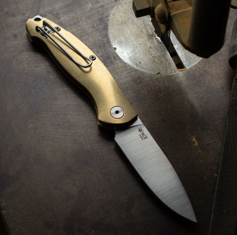 GiantMouse ACE Farley Slipjoint Folding Knife, Elmax Satin, Brass, FARLEY-BRASS-ELMAX