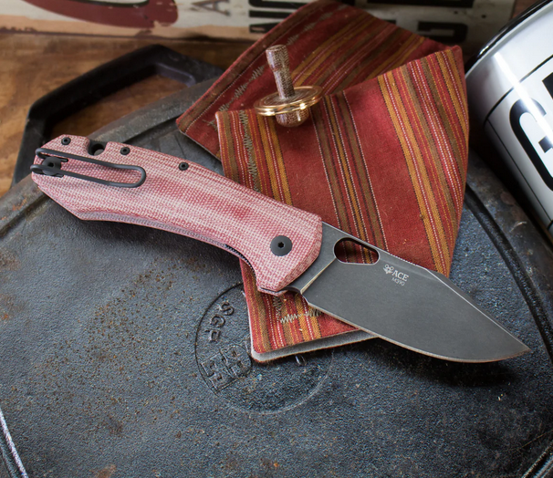 GiantMouse ACE Grand Folding Knife, M390 Black, Micarta Red, GRAND-RED-MICARTA-BLACKOUT