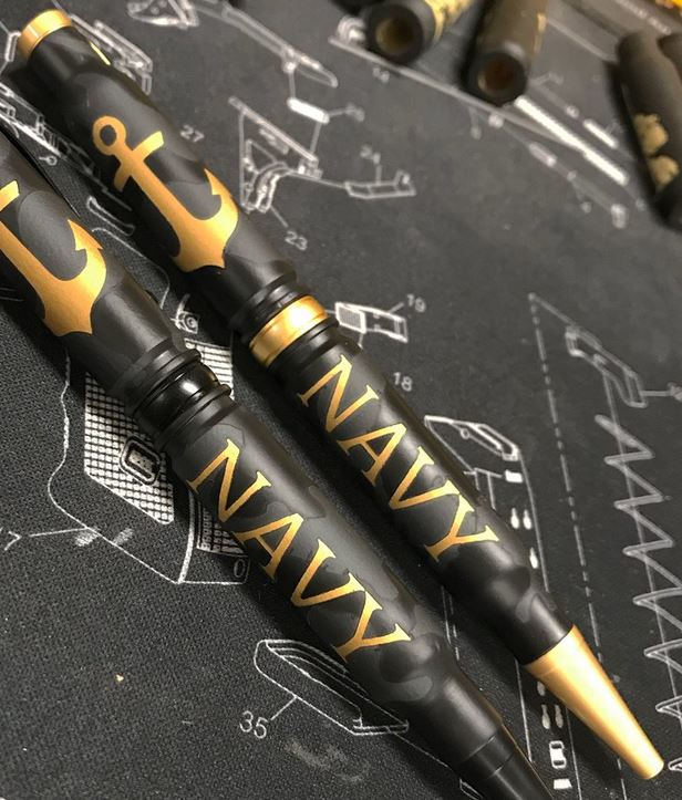 High Caliber 308 Navy Camo Pen - Satin Gold