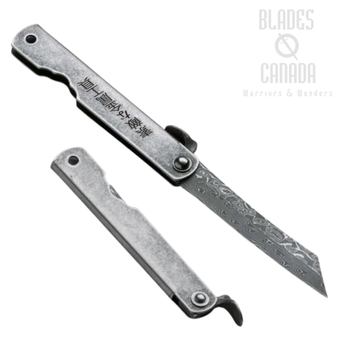 Higo Kinzoku Friction Folding Knife, Damascus, Stainless Handle, 01PE310