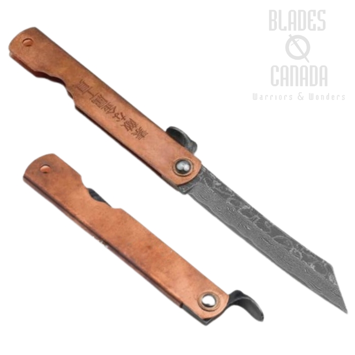Higo Irogane Friction Folding Knife, Damascus Steel, Copper Handle, 01PE315