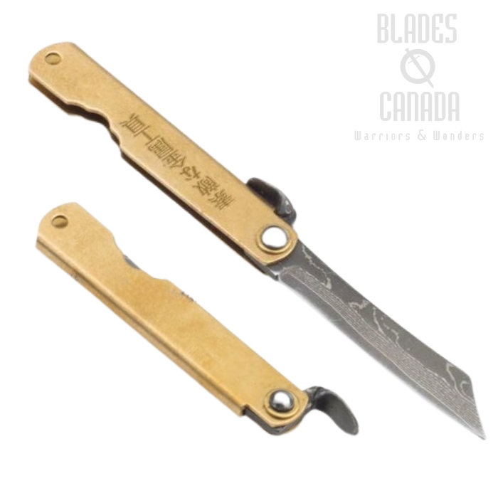 Higo Bonsai Hoseki Compact Friction Folding Knife, Damascus, Brass Handle, 01PE321