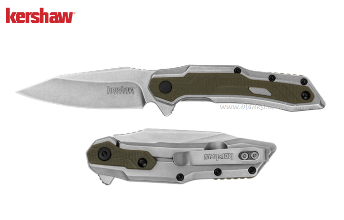 Kershaw Salvage Flipper Framelock Knife, Assisted Opening, Stainless/GFN Olive, KE-1369