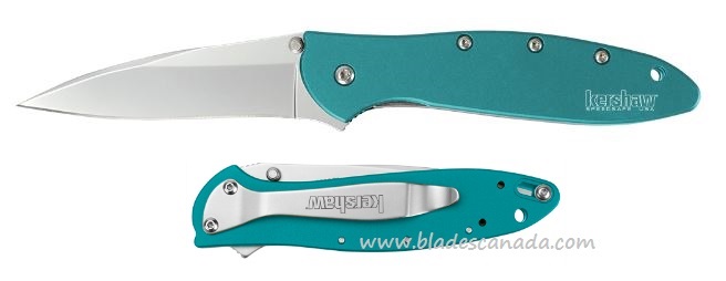 Kershaw Leek Flipper Folding Knife, Assisted Opening, 14C28N Sandvik, Aluminum Teal, K1660TEAL - Click Image to Close