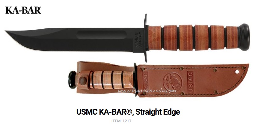 Ka-Bar USMC Fixed Blade Knife, 1095 Cro-Van, Leather Handle, Leather Sheath, Ka1217