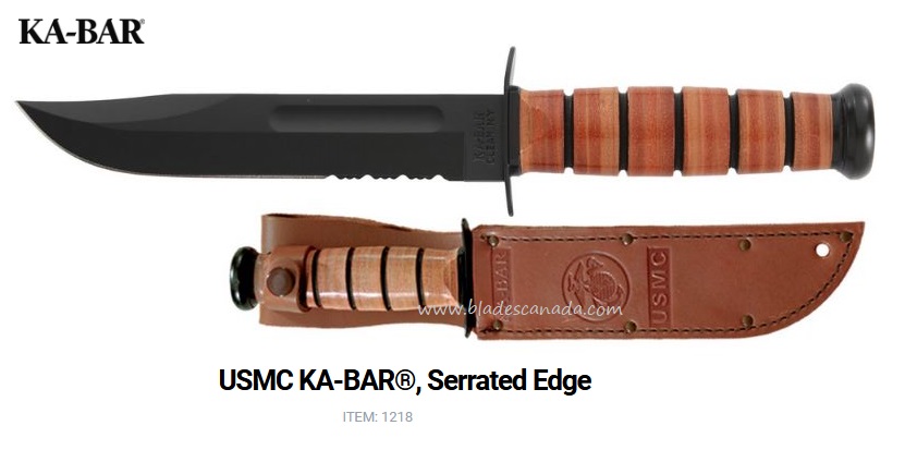 Ka-Bar USMC Fixed Blade Knife, 1095 Cro-Van, Leather Handle, Leather Sheath, Ka1218