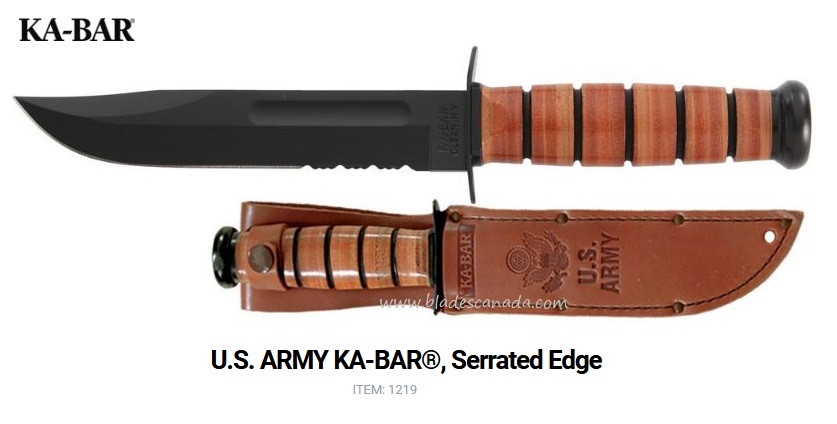 Ka-Bar US Army Fixed Blade Knife, 1095 Cro-Van, Leather Handle, 1219