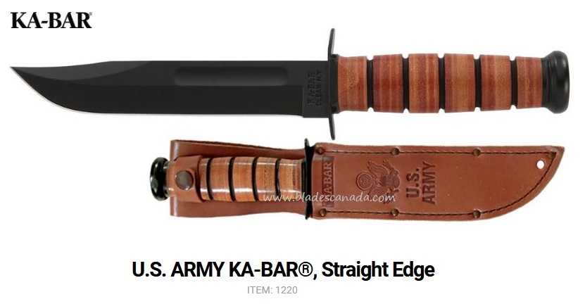 Ka-Bar US Army Fixed Blade Knife, 1095 Cro-Van, Leather Handle, Leather Sheath, 1220