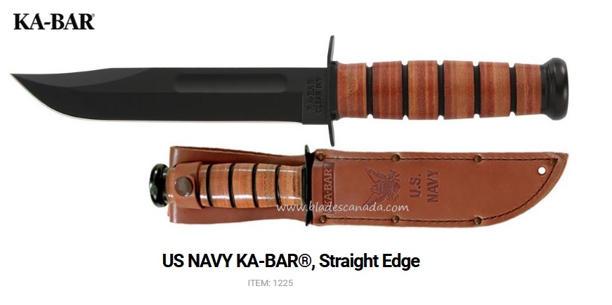 Ka-Bar Navy Fixed Blade Knife, 1095 Cro-Van, Leather Handle, Leather Sheath, 1225
