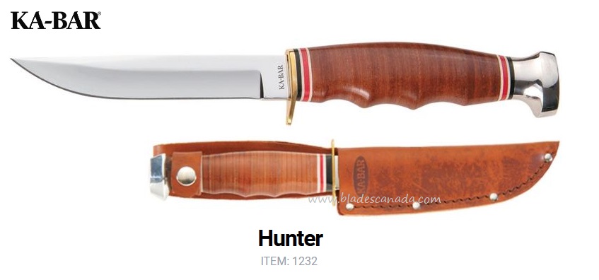 Ka-Bar Hunter Fixed Blade Knife, 1.4116 Steel, Leather Handle, Leather Sheath, 1232