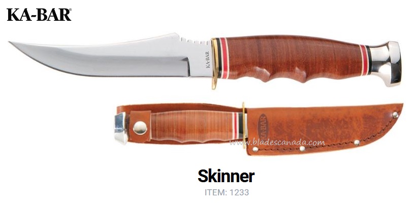 Ka-Bar Skinner Fixed Blade Knife, 1.4116 Steel, Leather Handle, Leather Sheath, 1233