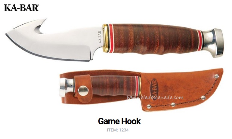 Ka-Bar Game Hook Fixed Blade Knife, 1.4116 Steel, Leather Handle, Leather Sheath, 1234