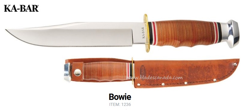 Ka-Bar Hunter's Bowie Fixed Blade Knife, 1.4116 Steel, Leather Handle, Leather Sheath, Ka1236