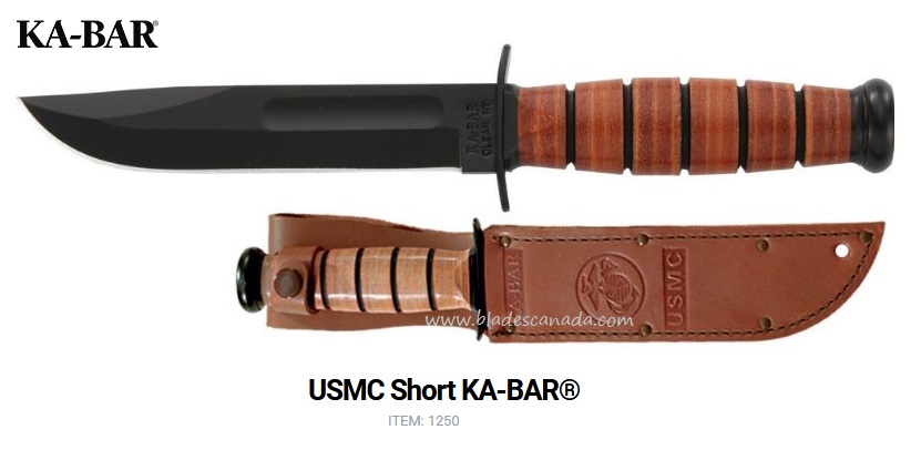 Ka-Bar USMC Short Fixed Blade Knife, 1095 Cro-Van, Leather Handle, Leather Sheath, Ka1250