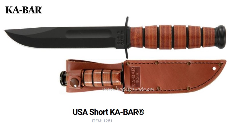 Ka-Bar USA Short Fixed Blade Knife, 1095 Cro-Van, Leather Handle, Leather Sheath, 1251
