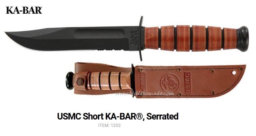 Ka-Bar USMC Short Fixed Blade Knife, 1095 Cro-Van, Leather Handle and Sheath, 1252