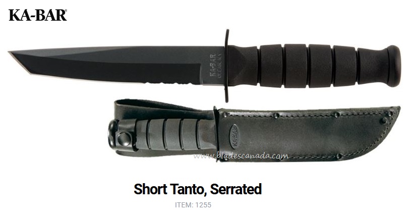 Ka-Bar Short Tanto Fixed Blade Knife, 1095 Cro-Van, Leather Sheath, 1255 - Click Image to Close