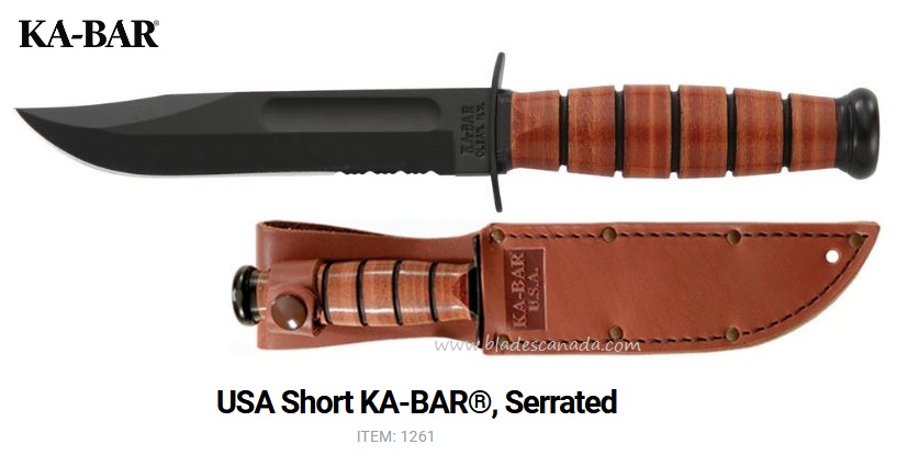 Ka-Bar Short Fixed Blade Knife, 1095 w/Serration, Leather Handle, Leather Sheath, 1261