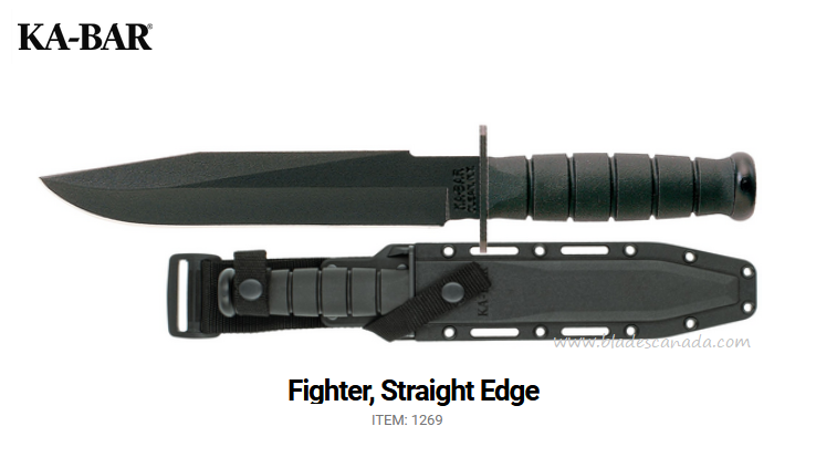 Ka-Bar Fighter Fixed Blade Knife, 1095 8" Straight Edge, Hard Sheath, Ka1269