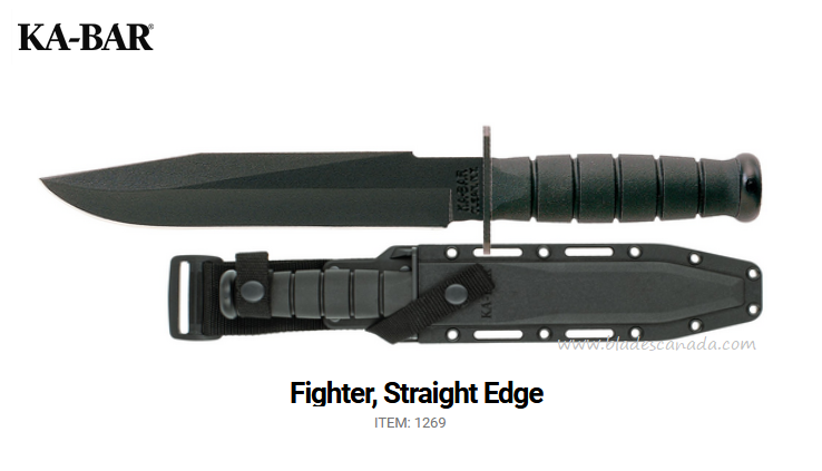 Ka-Bar Fighter Fixed Blade Knife, 1095 8" Straight Edge, Hard Sheath, 1269